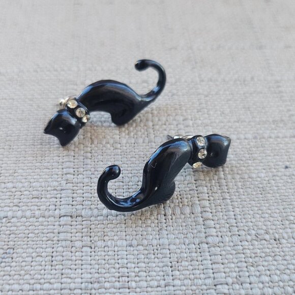 Black Cat Earrings Vintage Fashion Jewelry Earrings Crystals Accent Earrings - Picture 9 of 11